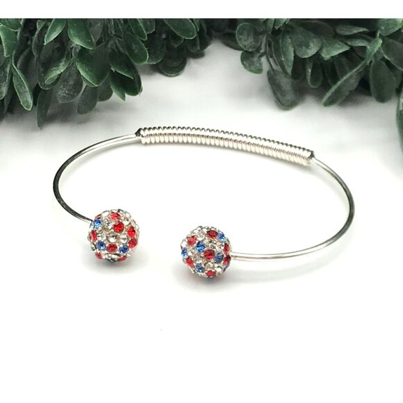 Crystal Ball Adjustable Bangle Bracelet With Red Blue & Clear Rhinestones - Picture 4 of 4